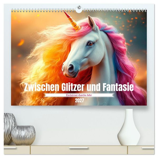 Zwischen Glitzer und Fantasie-Einhörner durchs Jahr (hochwertiger Premium Wandkalender 2027 DIN A2 quer) Kunstdruck in Hochglanz