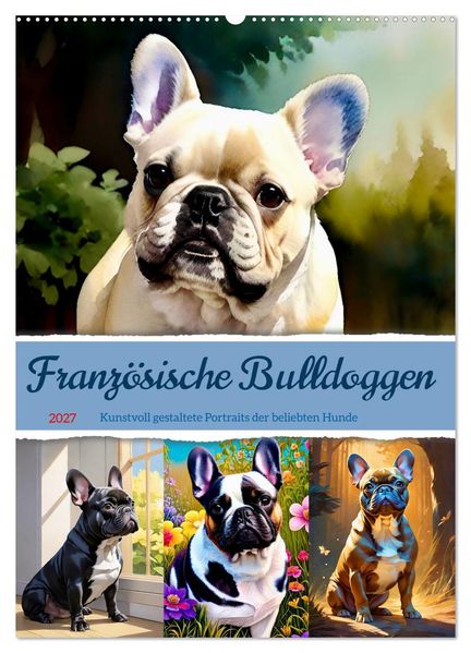 Französische Bulldoggen. Kunstvoll gestaltete Portraits (Wandkalender 2027 DIN A2 hoch) CALVENDO Monatskalender