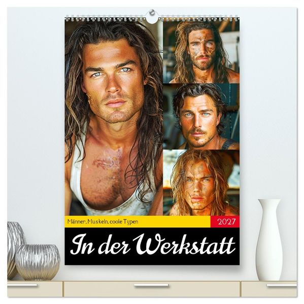 In der Werkstatt. Männer Muskeln coole Typen (hochwertiger Premium Wandkalender 2027 DIN A2 hoch) Kunstdruck in Hochglanz