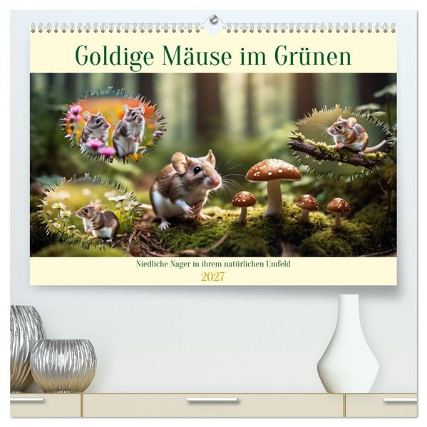 Goldige Mäuse im Grünen (hochwertiger Premium Wandkalender 2027 DIN A2 quer) Kunstdruck in Hochglanz