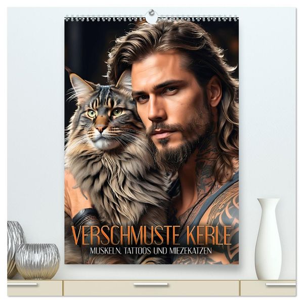 Verschmuste Kerle - Muskeln Tattoos und Miezekatzen (hochwertiger Premium Wandkalender 2027 DIN A2 hoch) Kunstdruck in Hochglanz