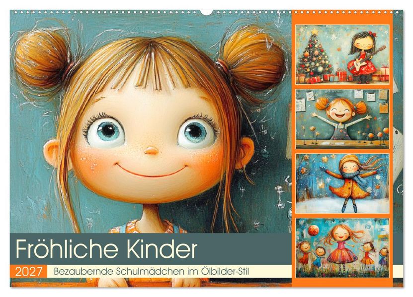 Fröhliche Kinder. Bezaubernde Schulmädchen im Ölbilder-Stil (Wandkalender 2027 DIN A2 quer) CALVENDO Monatskalender
