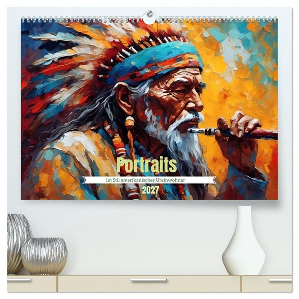 Portraits im Stil amerikanischer Ureinwohner (hochwertiger Premium Wandkalender 2027 DIN A2 quer) Kunstdruck in Hochglanz