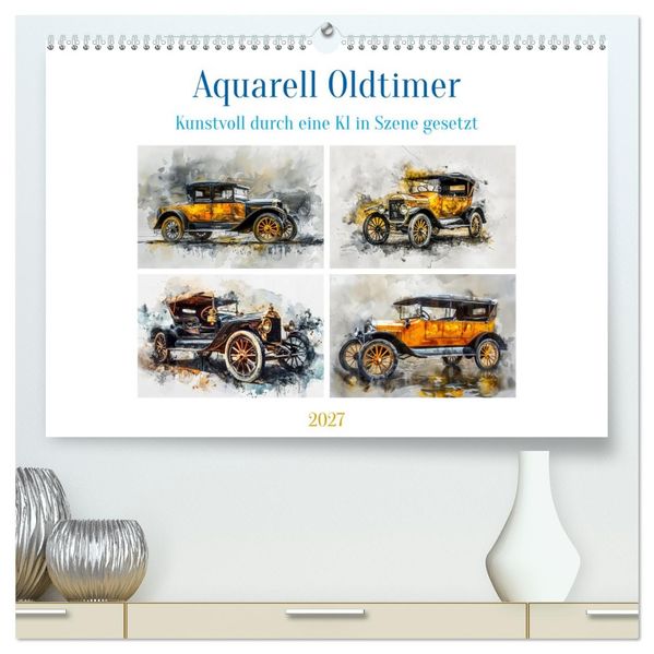 Aquarell Oldtimer (hochwertiger Premium Wandkalender 2027 DIN A2 quer) Kunstdruck in Hochglanz