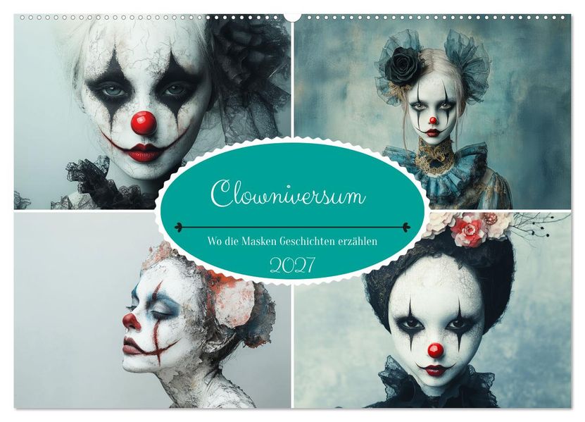 Clowniversum - Wo die Masken Geschichten erzählen (Wandkalender 2027 DIN A2 quer) CALVENDO Monatskalender