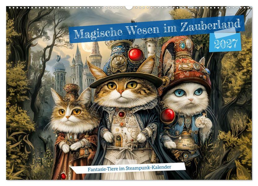 Magische Wesen im Zauberland - Fantasie-Tiere im Steampunk-Kalender (Wandkalender 2027 DIN A2 quer) CALVENDO Monatskalender