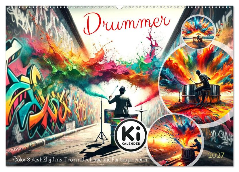 Drummer - Color Splash Rhythms: Trommelschläge und Farbexplosionen (Wandkalender 2027 DIN A2 quer) CALVENDO Monatskalender