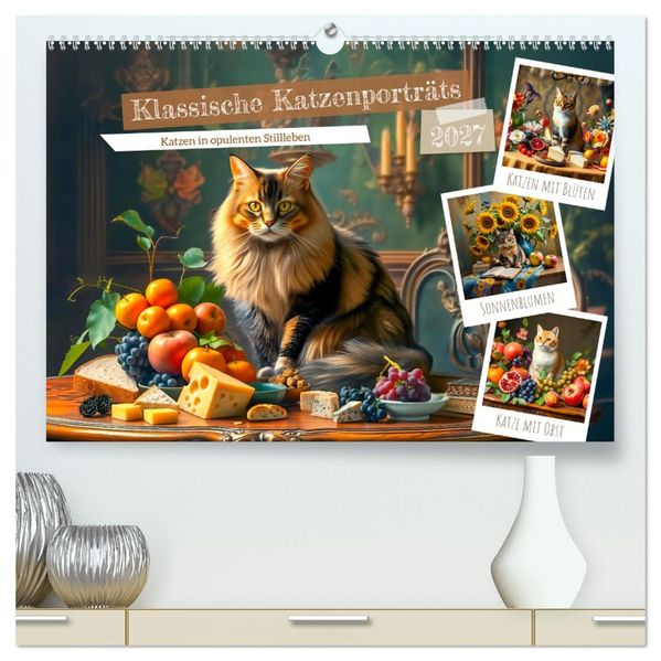 Klassische Katzenporträts - Katzen in opulenten Stillleben (hochwertiger Premium Wandkalender 2027 DIN A2 quer) Kunstdruck in Hochglanz