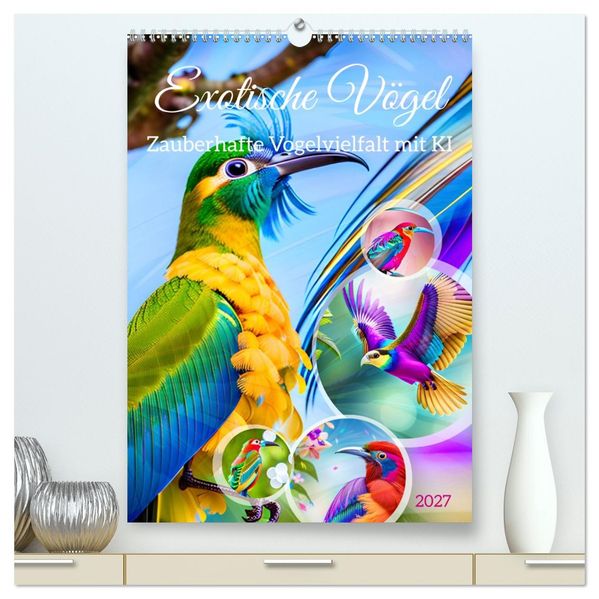 Exotische Vögel. Zauberhafte Vogelvielfalt mit KI (hochwertiger Premium Wandkalender 2027 DIN A2 hoch) Kunstdruck in Hochglanz