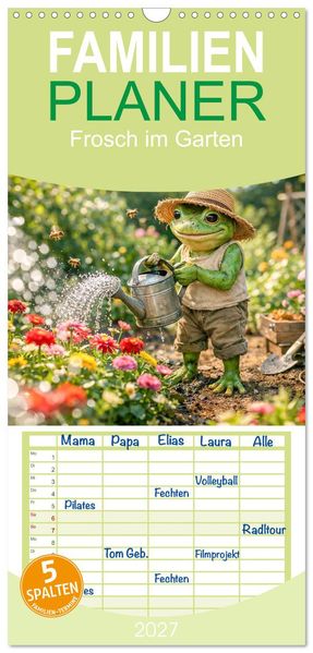 Familienplaner 2027 - Frosch im Garten mit 5 Spalten (Wandkalender 21 x 45 cm) CALVENDO
