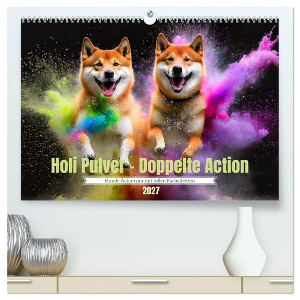 Holi Pulver - Doppelte Action (hochwertiger Premium Wandkalender 2027 DIN A2 quer) Kunstdruck in Hochglanz
