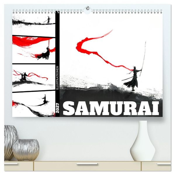 Samurai Illustrationen (hochwertiger Premium Wandkalender 2027 DIN A2 quer) Kunstdruck in Hochglanz