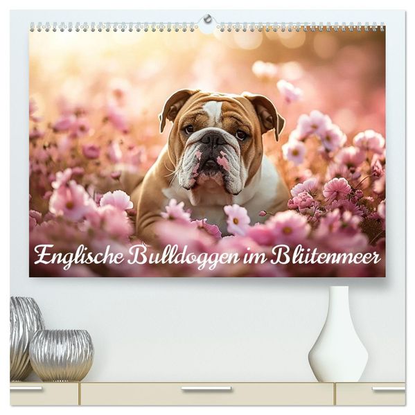 Englische Bulldoggen im Blütenmeer (hochwertiger Premium Wandkalender 2027 DIN A2 quer) Kunstdruck in Hochglanz