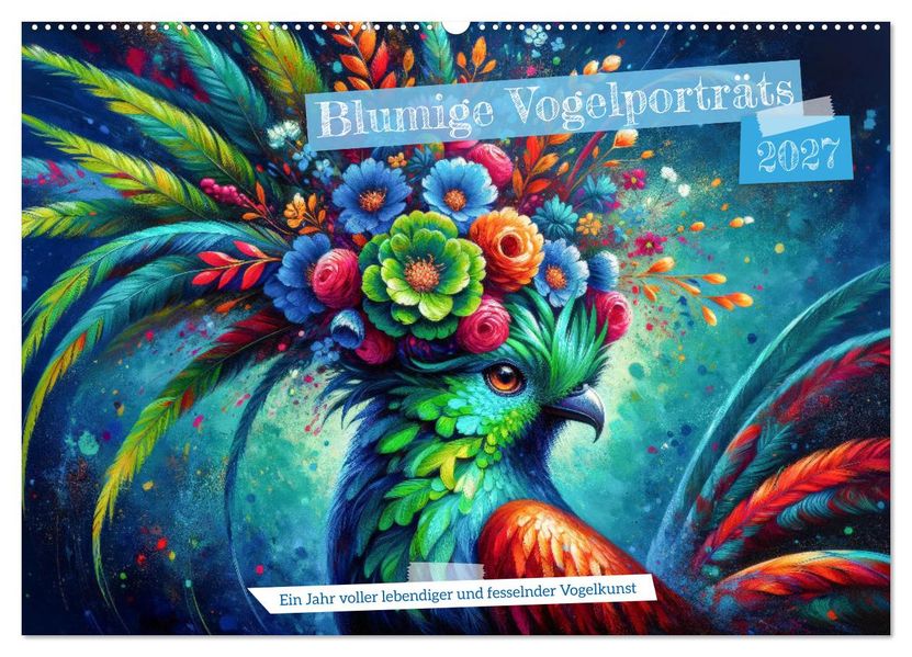 Blumige Vogelporträts (Wandkalender 2027 DIN A2 quer) CALVENDO Monatskalender