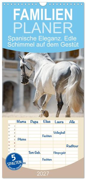 Familienplaner 2027 - Spanische Eleganz. Edle Schimmel auf dem Gestüt mit 5 Spalten (Wandkalender 21 x 45 cm) CALVENDO
