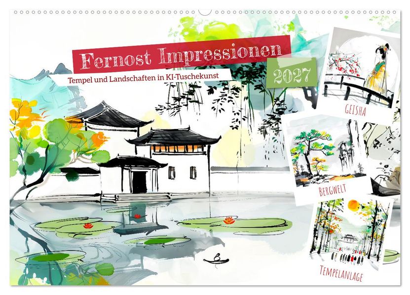 Fernost Impressionen - Tempel und Landschaften in KI-Tuschekunst (Wandkalender 2027 DIN A2 quer) CALVENDO Monatskalender