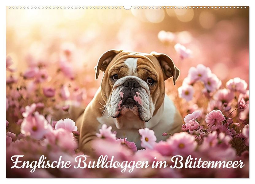 Englische Bulldoggen im Blütenmeer (Wandkalender 2027 DIN A2 quer) CALVENDO Monatskalender