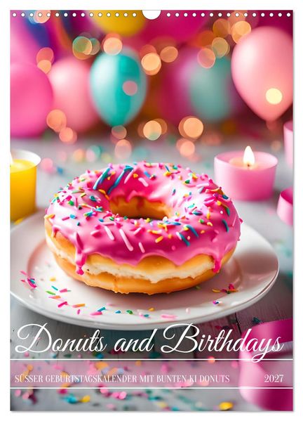 Donuts and Birthdays süßer Geburtstagskalender mit bunte KI Donuts (Wandkalender 2027 DIN A3 hoch) CALVENDO Monatskalender