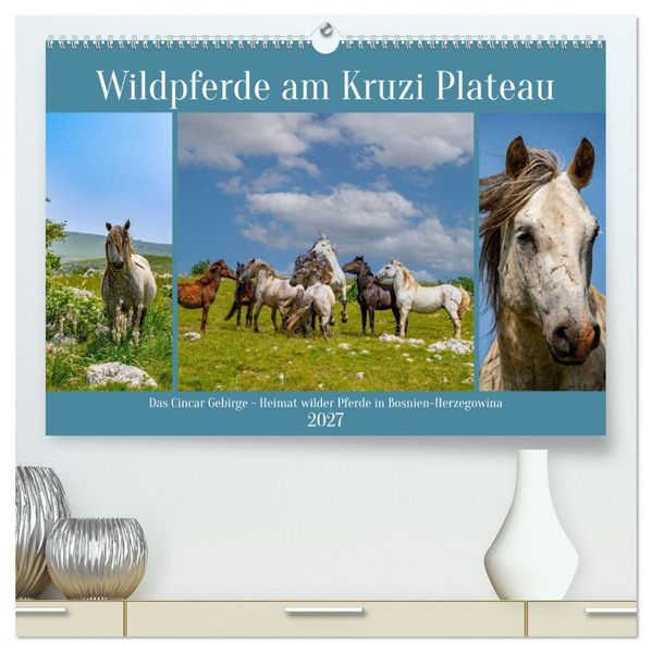 Wildpferde am Kruzi Plateau (hochwertiger Premium Wandkalender 2027 DIN A2 quer) Kunstdruck in Hochglanz