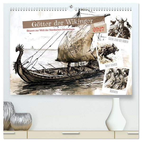 Götter der Wikinger - Skizzen zur Welt der Nordischen Mythologie (hochwertiger Premium Wandkalender 2027 DIN A2 quer) Kunstdruck in Hochglanz