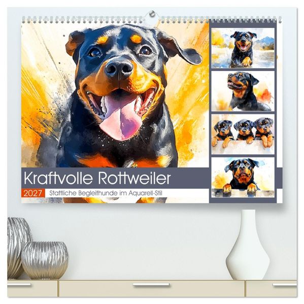 Kraftvolle Rottweiler. Stattliche Begleithunde im Aquarell-Stil (hochwertiger Premium Wandkalender 2027 DIN A2 quer) Kunstdruck in Hochglanz