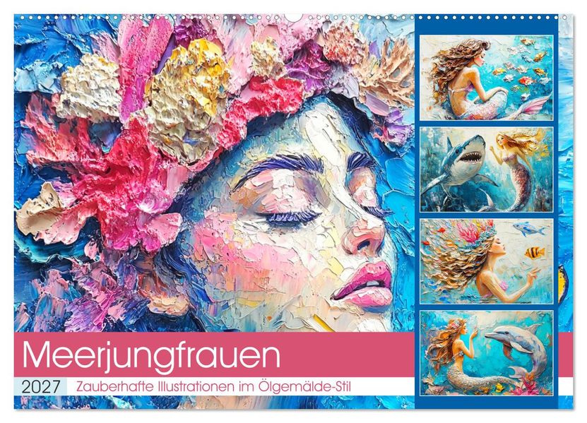 Meerjungfrauen. Zauberhafte Illustrationen im Ölgemälde-Stil (Wandkalender 2027 DIN A2 quer) CALVENDO Monatskalender