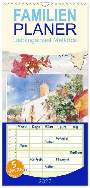 Familienplaner 2027 - Lieblingsinsel Mallorca mit 5 Spalten (Wandkalender 21 x 45 cm) CALVENDO