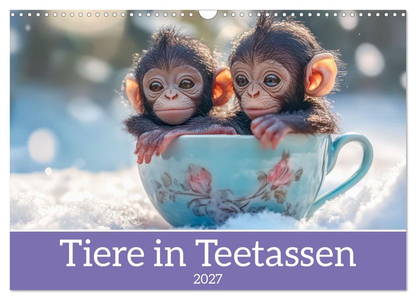 Tiere in Teetassen (Wandkalender 2027 DIN A3 quer) CALVENDO Monatskalender