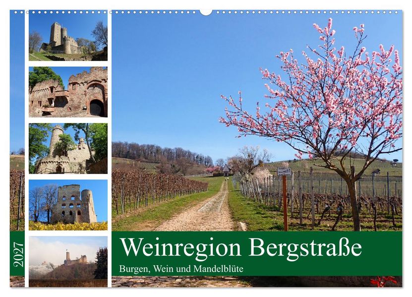 Weinregion Bergstraße Burgen Wein und Mandelblüte (Wandkalender 2027 DIN A2 quer) CALVENDO Monatskalender
