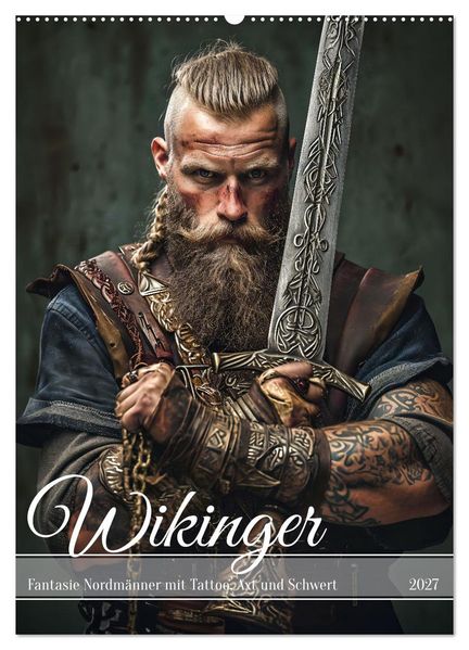 Wikinger - Fantasie Nordmänner mit Tattoo Axt und Schwert (Wandkalender 2027 DIN A2 hoch) CALVENDO Monatskalender