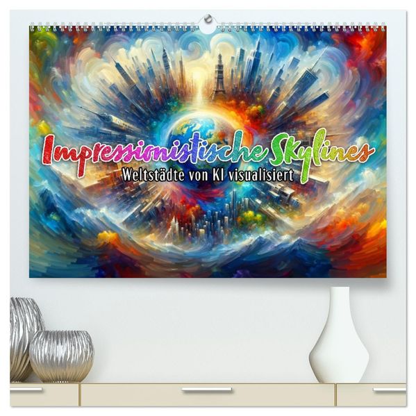 Impressionistische Skylines - Weltstädte von KI visualisiert (hochwertiger Premium Wandkalender 2027 DIN A2 quer) Kunstdruck in Hochglanz