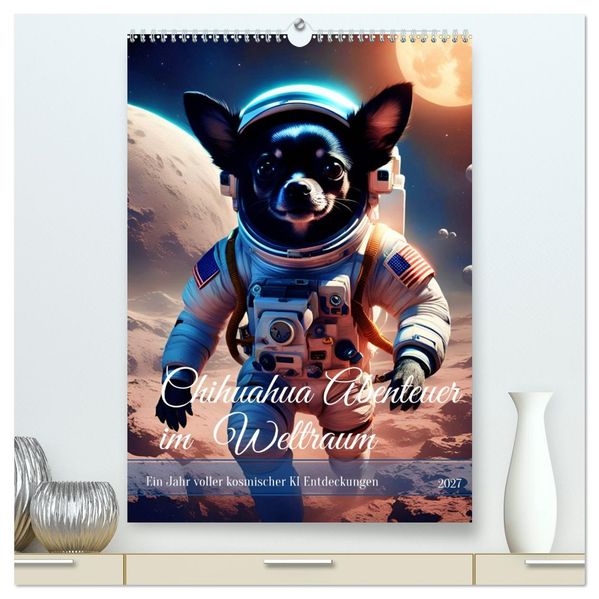 Chihuahua Abenteuer im Weltraum (hochwertiger Premium Wandkalender 2027 DIN A2 hoch) Kunstdruck in Hochglanz