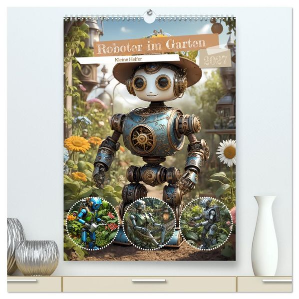 Roboter im Garten - Kleine Helfer (hochwertiger Premium Wandkalender 2027 DIN A2 hoch) Kunstdruck in Hochglanz