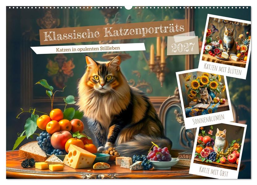 Klassische Katzenporträts - Katzen in opulenten Stillleben (Wandkalender 2027 DIN A2 quer) CALVENDO Monatskalender
