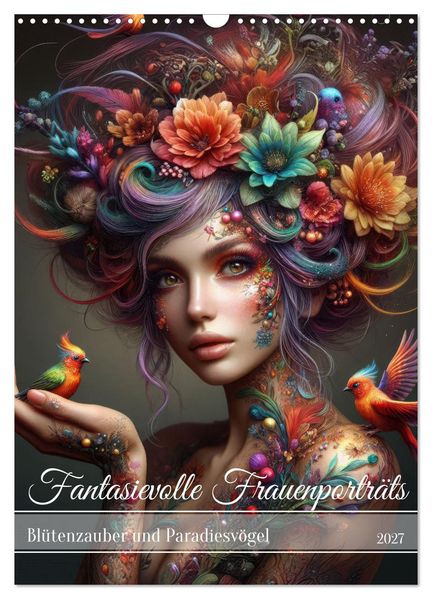 Fantasievolle Frauenporträts - Blütenzauber und Paradiesvögel (Wandkalender 2027 DIN A3 hoch) CALVENDO Monatskalender