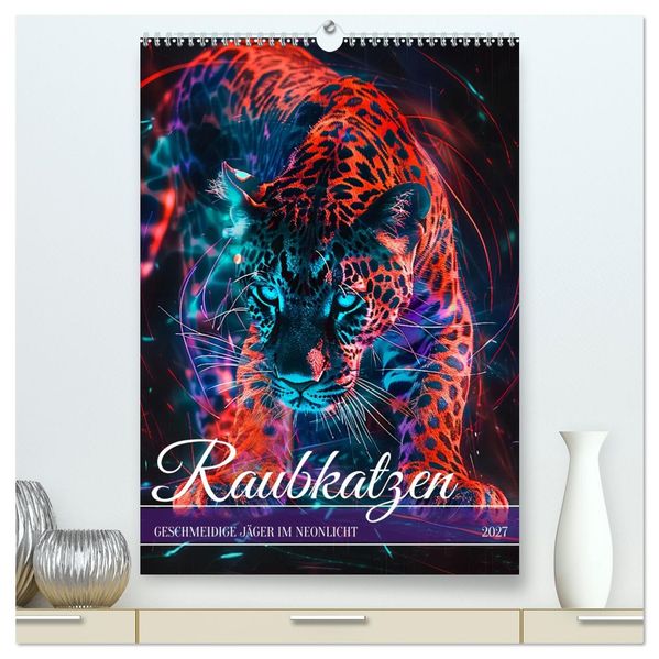 Raubkatzen - Geschmeidige Jäger im Neonlicht (hochwertiger Premium Wandkalender 2027 DIN A2 hoch) Kunstdruck in Hochglanz
