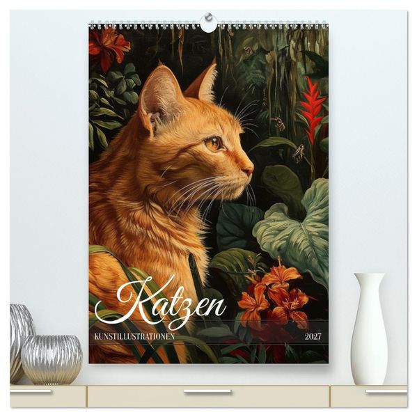 Katzen Kunstillustrationen (hochwertiger Premium Wandkalender 2027 DIN A2 hoch) Kunstdruck in Hochglanz