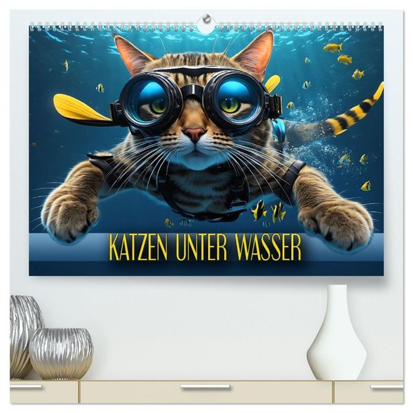 Katzen unter Wasser (hochwertiger Premium Wandkalender 2027 DIN A2 quer) Kunstdruck in Hochglanz