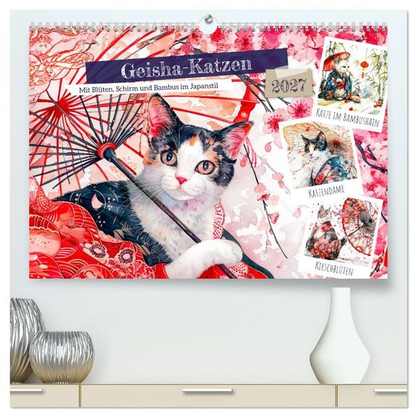 Geisha-Katzen - Mit Blüten Schirm und Bambus im Japanstil (hochwertiger Premium Wandkalender 2027 DIN A2 quer) Kunstdruck in Hochglanz