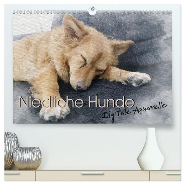 Niedliche Hunde - Digitale Aquarelle (hochwertiger Premium Wandkalender 2027 DIN A2 quer) Kunstdruck in Hochglanz