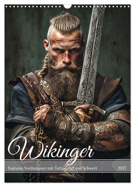 Wikinger - Fantasie Nordmänner mit Tattoo Axt und Schwert (Wandkalender 2027 DIN A3 hoch) CALVENDO Monatskalender