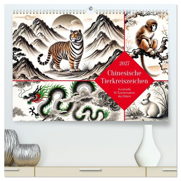 Chinesische Tierkreiszeichen - Kunstvolle KI-Tuschemalerei des Ostens (hochwertiger Premium Wandkalender 2027 DIN A2 quer) Kunstdruck in Hochglanz