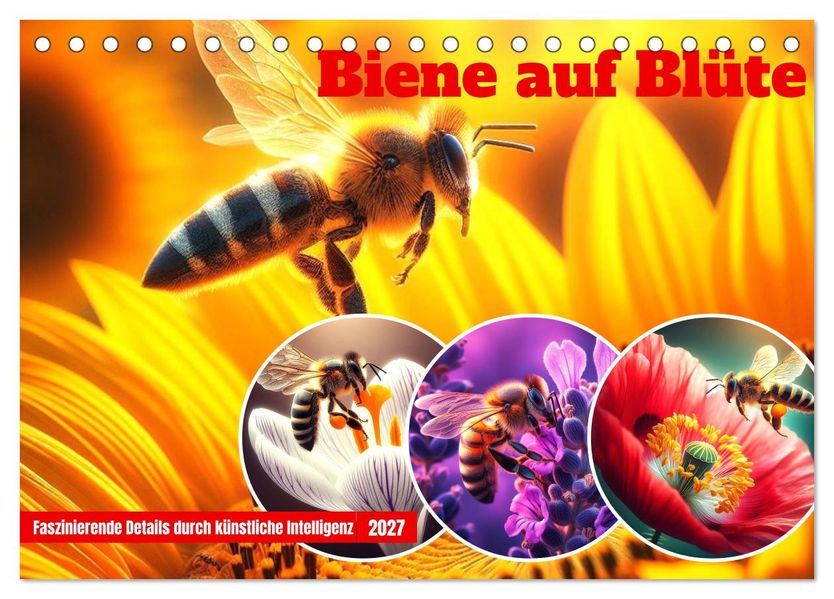 Biene auf Blüte - Faszinierende Details durch künstliche Intelligenz (Tischkalender 2027 DIN A5 quer) CALVENDO Monatskalender