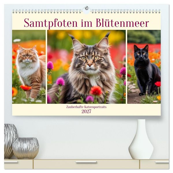 Samtpfoten im Blütenmeer (hochwertiger Premium Wandkalender 2027 DIN A2 quer) Kunstdruck in Hochglanz