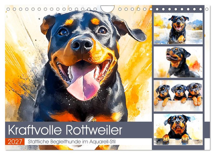 Kraftvolle Rottweiler. Stattliche Begleithunde im Aquarell-Stil (Wandkalender 2027 DIN A4 quer) CALVENDO Monatskalender