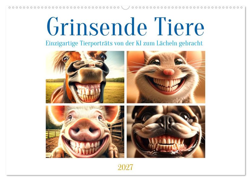 Grinsende Tiere - Tierporträts von der KI zum Lächeln gebracht (Wandkalender 2027 DIN A2 quer) CALVENDO Monatskalender