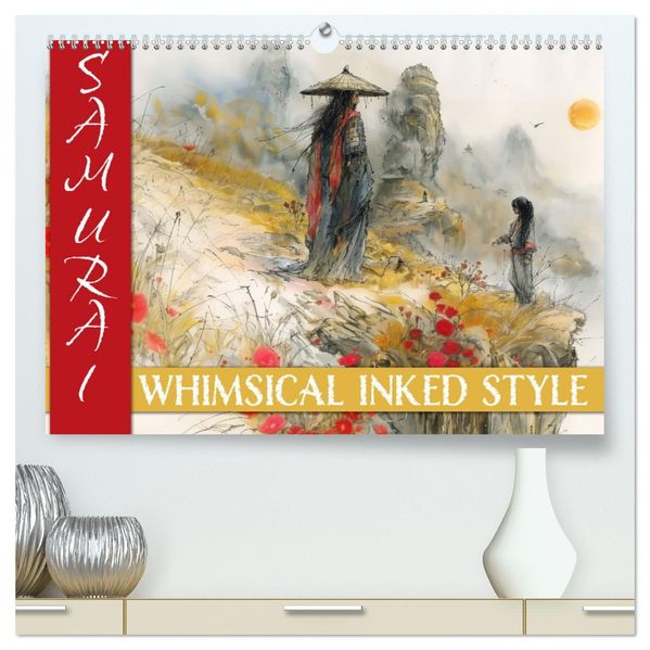 Samurai - whimsical inked style (hochwertiger Premium Wandkalender 2027 DIN A2 quer) Kunstdruck in Hochglanz