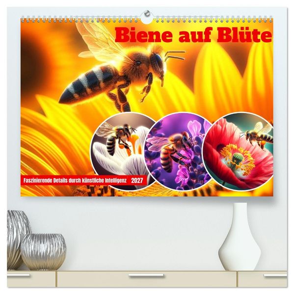 Biene auf Blüte - Faszinierende Details durch künstliche Intelligenz (hochwertiger Premium Wandkalender 2027 DIN A2 quer) Kunstdruck in Hochglanz