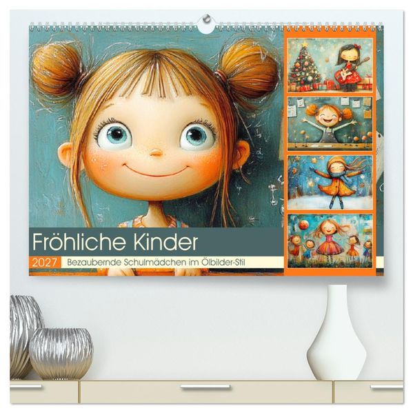 Fröhliche Kinder. Bezaubernde Schulmädchen im Ölbilder-Stil (hochwertiger Premium Wandkalender 2027 DIN A2 quer) Kunstdruck in Hochglanz