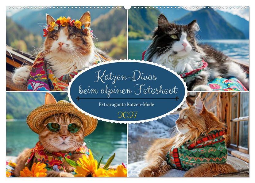Katzen-Divas beim alpinen Fotoshoot. Extravagante Katzenmode (Wandkalender 2027 DIN A2 quer) CALVENDO Monatskalender